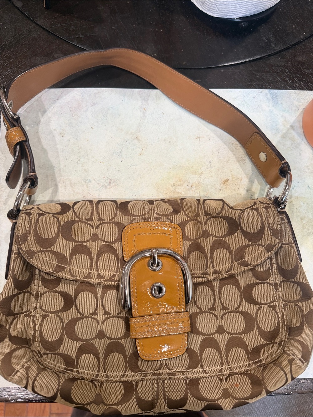 Coach Signature Canvas Shoulder Bag with Tan Patent Leather Buckle